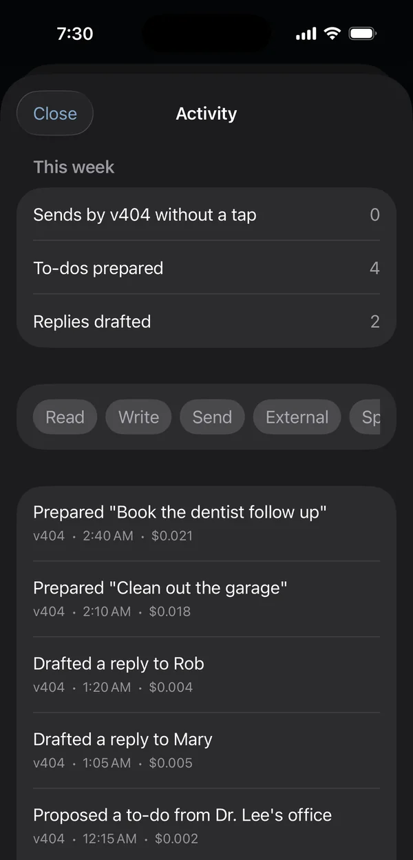 The activity log in a development build of v404 on iPhone. It lists each step v404 took overnight, with its time and cost, from reading mail at 11:40 pm to preparing a to-do at 2:40 am.