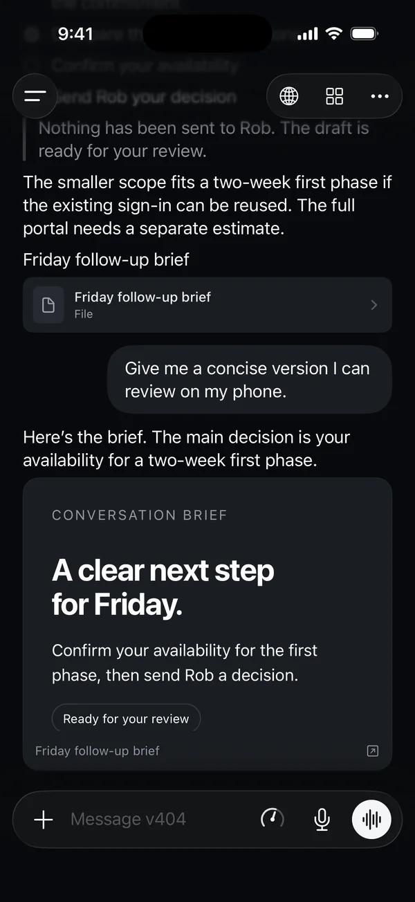 A chat with v404 on iPhone. v404 has written a conversation brief for review, and the message box at the bottom has buttons for dictation and live voice.