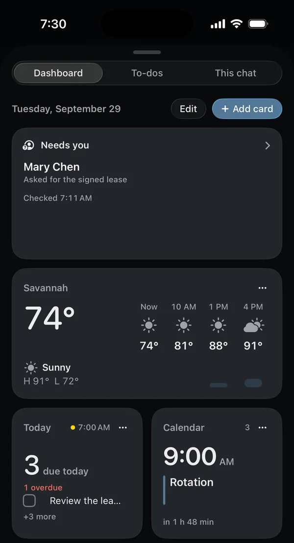 The v404 Dashboard on iPhone at 7:30 in the morning. The Needs you card shows a reply for Mary Chen, and below it are the weather, today's to-dos and the next calendar event.