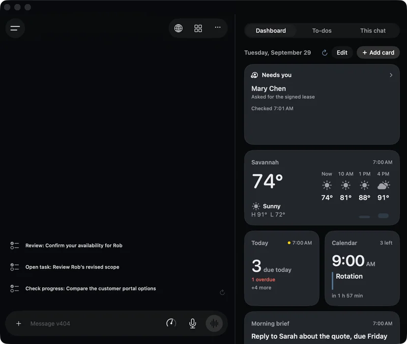 v404 on a Mac at 7:30 in the morning, with the Dashboard beside an empty chat.