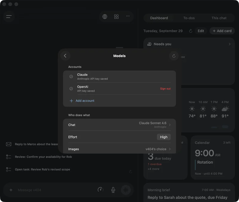 Settings, Models in the v404 Mac app. Under Accounts, an Anthropic API key and an OpenAI API key are saved, and under Who does what, a model is chosen for chat.