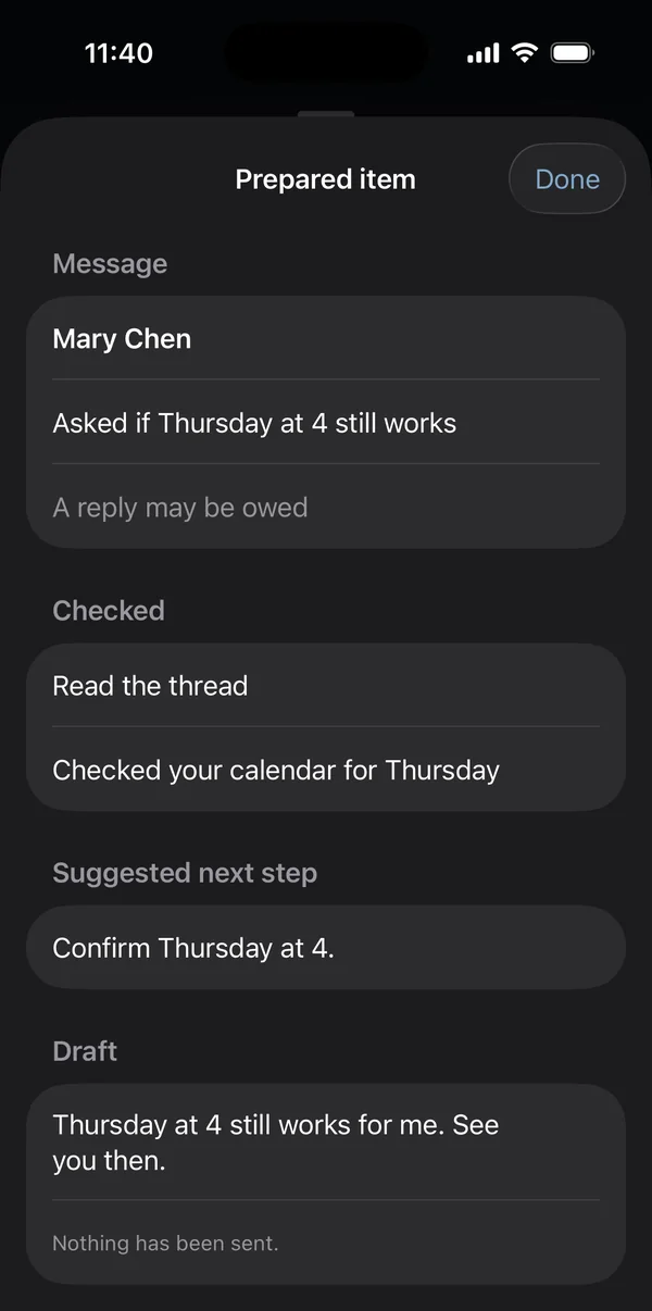 A reply v404 prepared, open for review on iPhone. Mary Chen asked if Thursday at 4 still works. v404 read the thread and checked the calendar, then drafted a reply, and the screen says nothing has been sent.